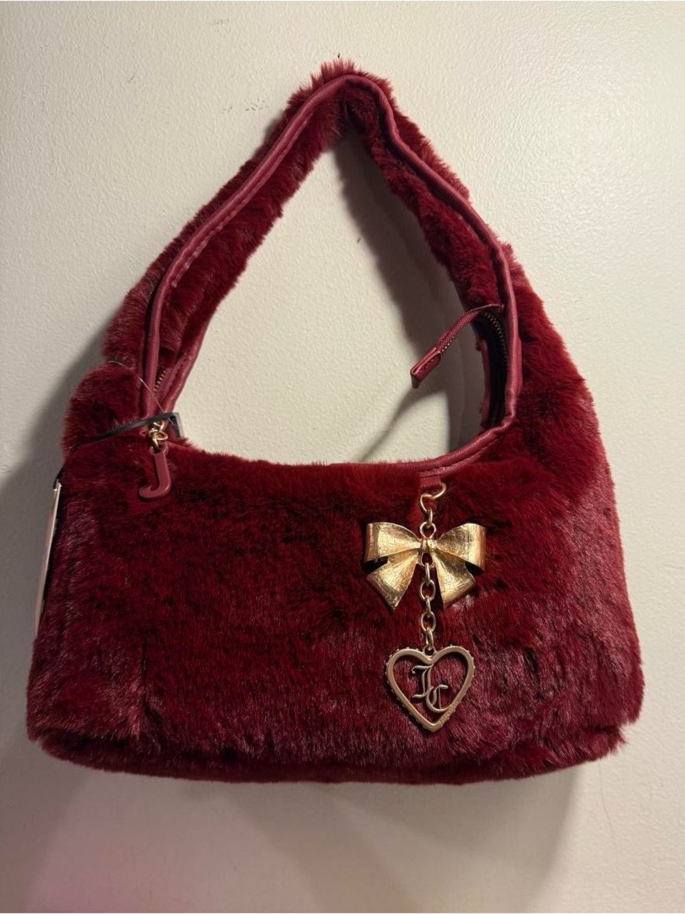 Juicy Couture Red Faux Fur Heart Charm Hobo Bag